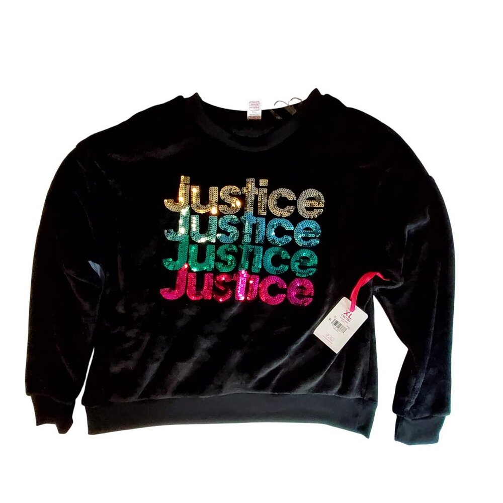 Justice Girls Black Velour Crewneck Sweatshirt  Multicolor Sequin Logo XL 16/18